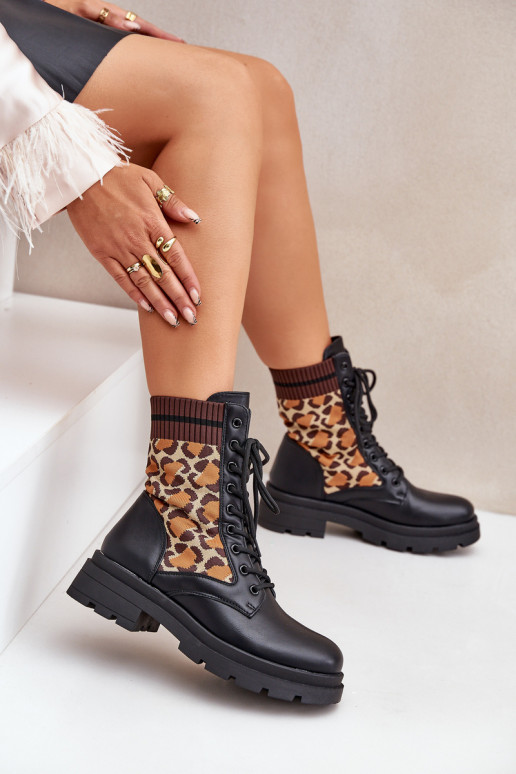 botas de trabajo para mujer con caña tipo calcetín con estampado de leopardo color negro Penthis