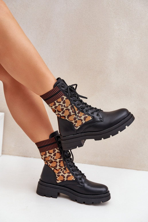 botines de trabajo Femenino con plantilla tipo calcetín con estampados de piel de leopardo de color negro Penthis