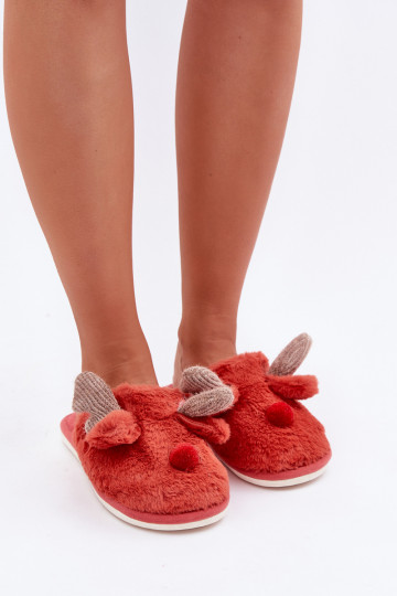 Chancletas de mujer con forro de piel y tema de renos en color coral Sennalith