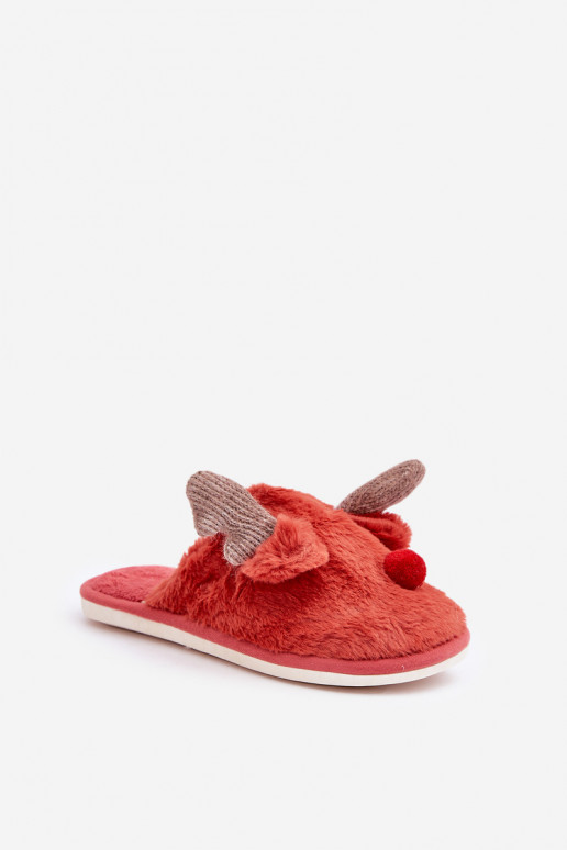 Chancletas de mujer con forro de piel y tema de renos en color coral Sennalith