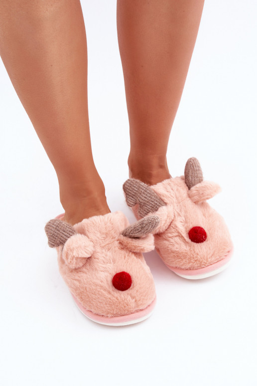 Chancletas de mujer con forro de piel y tema de renos en color rosa Sennalith