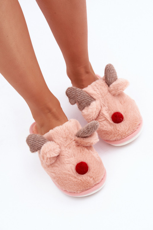 Chancletas de mujer con forro de piel y tema de renos en color rosa Sennalith