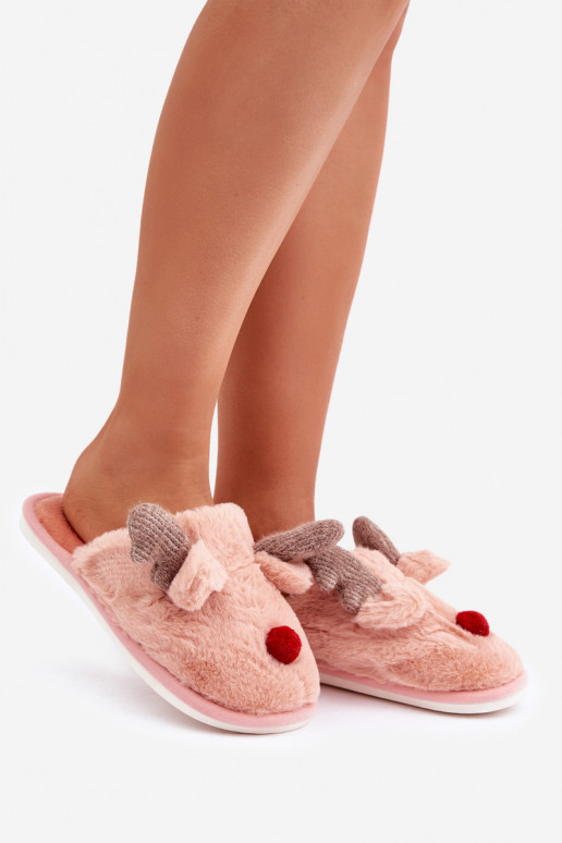 Chancletas de mujer con forro de piel y tema de renos en color rosa Sennalith