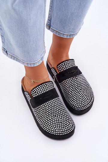 Chanclas Moteriškas decoradas con circonitas y plataforma color negro Deorani