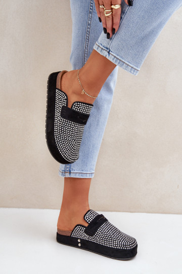Chanclas Moteriškas decoradas con circonitas y plataforma color negro Deorani 2