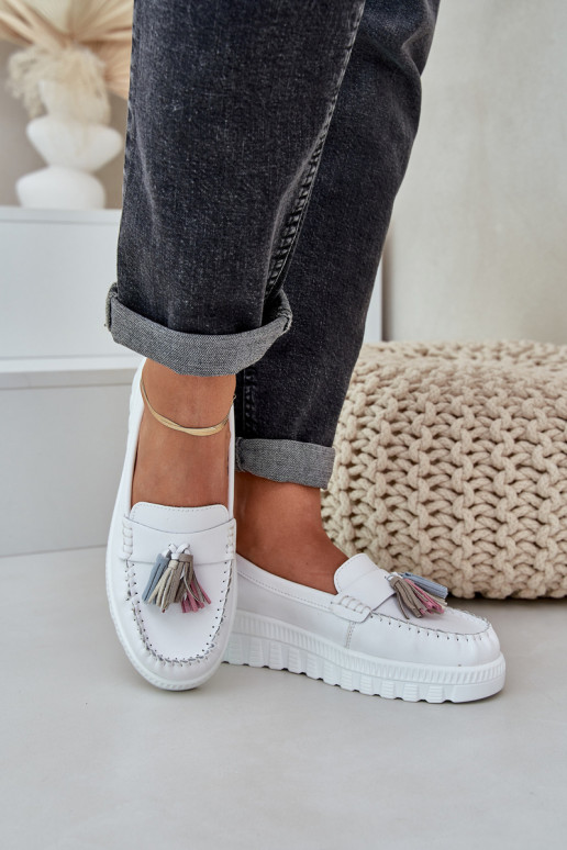 Piel mocasines de mujer con flecos con una plataforma I Koturnie el color blanco Eleazetta Piel mocasines de mujer con flecos con una plataforma I Koturnie el color blanco Eleazetta