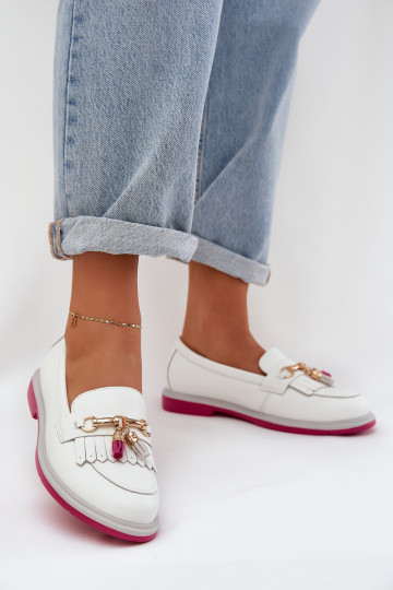 Piel Estilo elegante Mocasines con tacones anchos S.Barski LR51-768 el color blanco