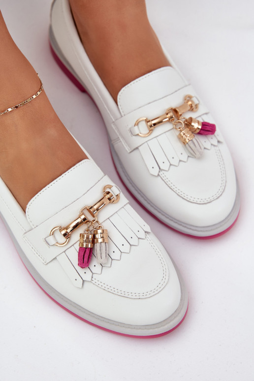 Piel Estilo elegante Mocasines con tacones anchos S.Barski LR51-768 el color blanco