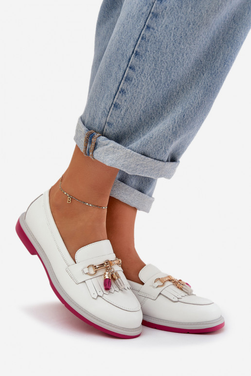 Piel Estilo elegante Mocasines con tacones anchos S.Barski LR51-768 el color blanco