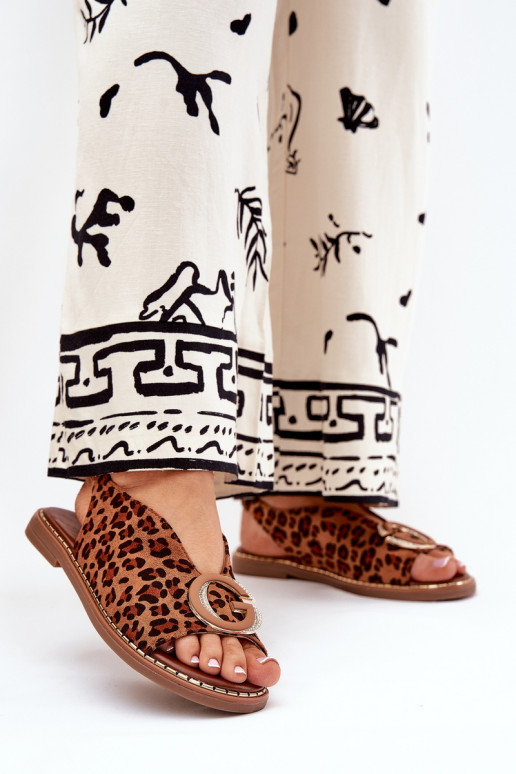 Sandalias planas con adornos con estampados de piel de leopardo color marrón Haliones