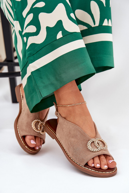 Sandalias de mujer con adornos con tacones anchos de gamuza ecológicaoAe beige Ralisses