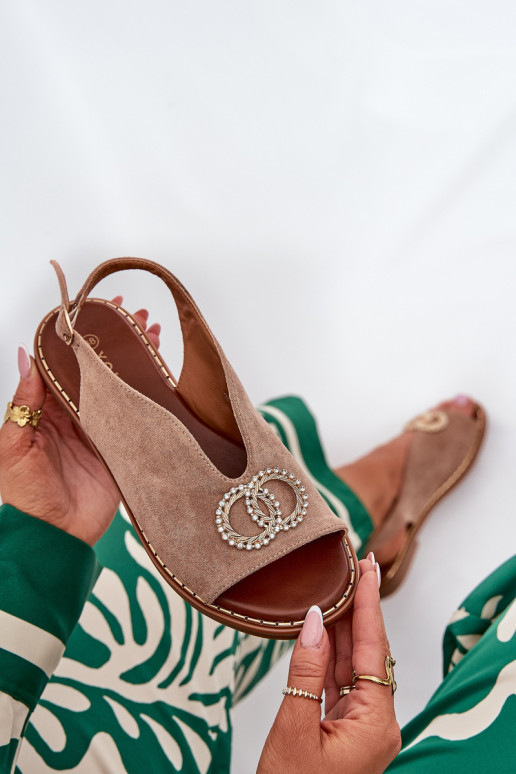 Sandalias de mujer con adornos con tacones anchos de gamuza ecológicaoAe beige Ralisses