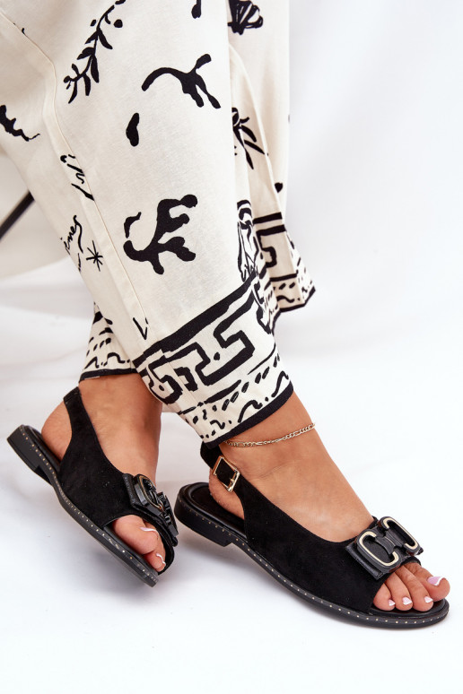 Sandalias planas con adornos de gamuza ecológicaoAe de color negro Lilria