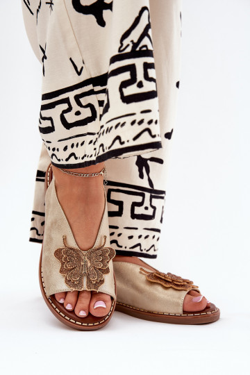 Sandalias de mujer con tacones anchos y adornos color dorado Setorina