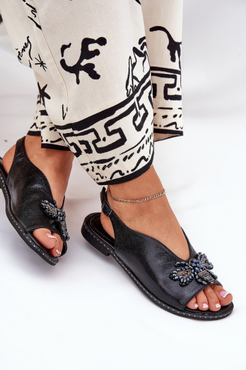 Sandalias de mujer planas con adornos y brillo color negro Russona