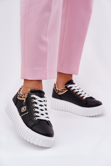 zapatillas Femenino con una plataforma de cuero ecológico con estampados de piel de leopardo de color negro Velionna 2