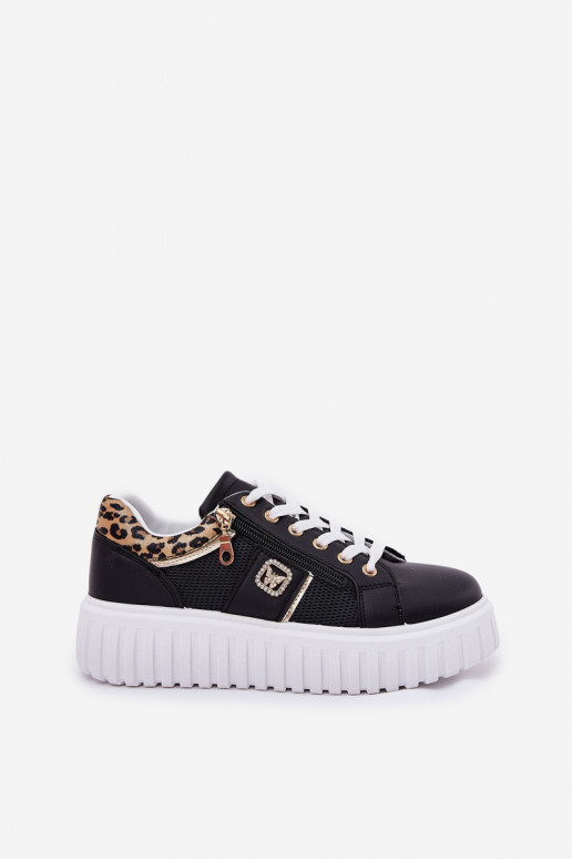zapatillas Femenino con una plataforma de cuero ecológico con estampados de piel de leopardo de color negro Velionna