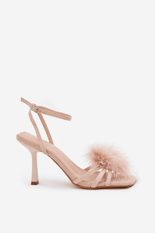 Sandalias de mujer con tacones finos con plumas beige Xaliope