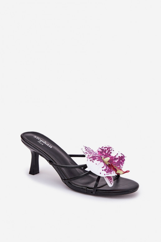 zapatillas de mujer con tacones finos Ze Sztucznym Una flor de color negro Reyi