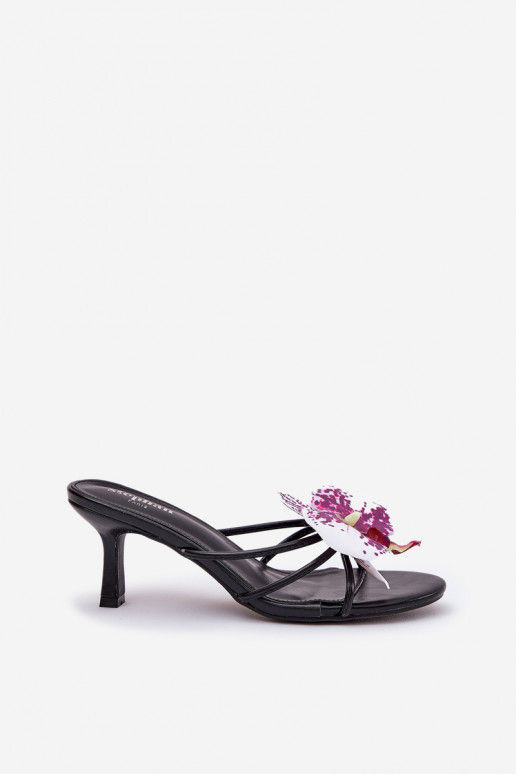 zapatillas de mujer con tacones finos Ze Sztucznym Una flor de color negro Reyi