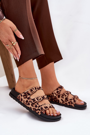 Chanclas para mujer con tiras y hebillas con estampado de piel de leopardo color marrón Uliri
