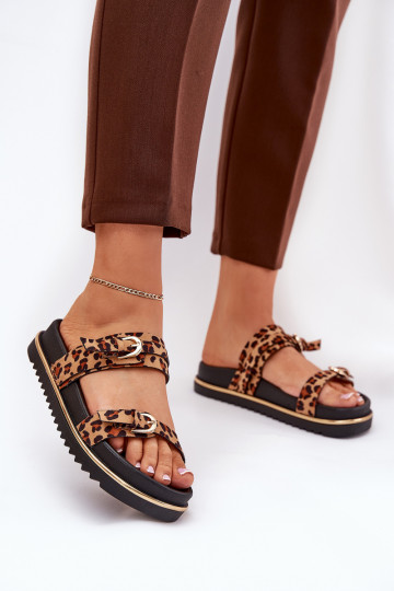 pantuflas de mujer con estampado de leopardo con plataforma y tiras con hebilla color marrón Ziferte 2
