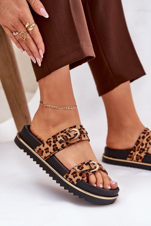 zapatillas de mujer con estampados de piel de leopardo con una plataforma con rayas I con hebillasmi color marrón Ziferte
