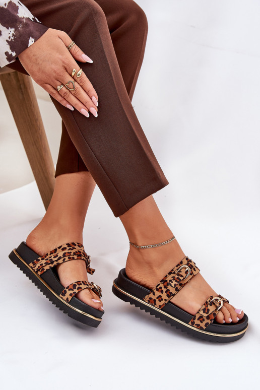 zapatillas de mujer con estampados de piel de leopardo con una plataforma con rayas I con hebillasmi color marrón Ziferte