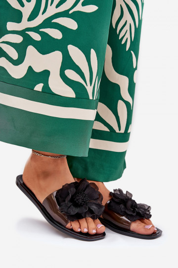 pantuflas de mujer transparentes planas con flor artificial color negro Vobetta