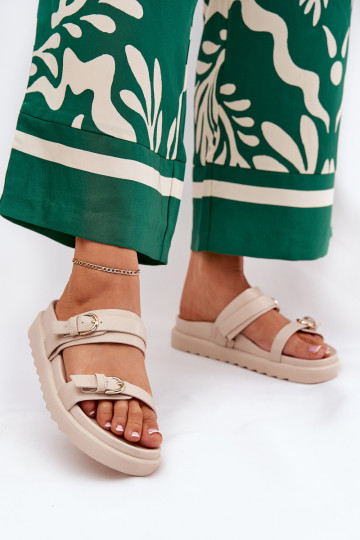 Zapatillas para mujer con plataforma de color dorado y hebillas color arena INernone