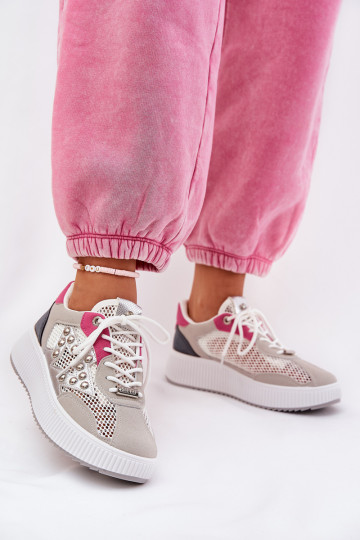 Zapatillas deportivas para mujer con malla y clavos color gris Ogalda 2