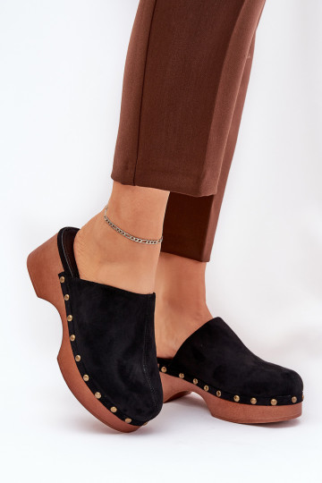 Zuecos zapatillas de mujer con remaches de gamuza ecológicaoAe de color negro Ellason