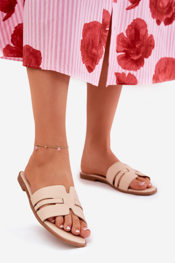 Zapatillas de mujer con tacones anchos y cortes de cuero ecológico color arena Ecapus 2