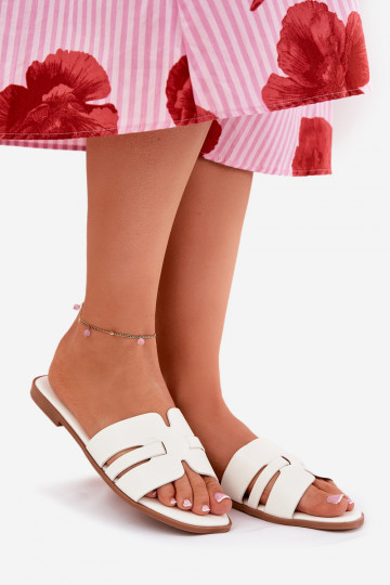 Zapatillas de mujer con tacones anchos y cortes de cuero ecológico color blanco Ecapus