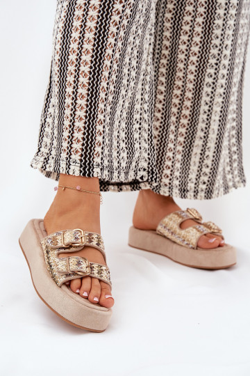 Zapatillas de casa con plataforma con hebillas y trenzado color caqui Limme
