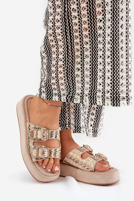 zapatillas de mujer con una plataforma con hebillas I Plecionką de color caqui Limme