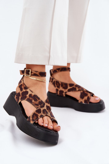 Sandalias de mujer con plataforma y cuña con estampado de piel de leopardo en color marrón Tenzorus